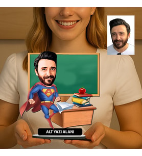 Kişiye Özel Öğretmen Karikatürlü 18 cm MDF Masaüstü Biblo - Öğretmen Hediyesi Öğretmene Özel Hediye
