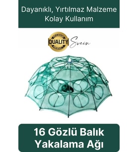 Ekstra Sağlam 16 Gözlü Balık Kapanı Ağı Cepli Büyük Boy Balık Yakalama Filesi Yem Bölmeli Fermuarlı