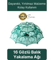 Ekstra Sağlam 16 Gözlü Balık Kapanı Ağı Cepli Büyük Boy Balık Yakalama Filesi Yem Bölmeli Fermuarlı