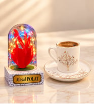 Hayat Ağacı Tasarımlı Premium Kahve Fincanı ve Kişiye Özel Yazılı Renkli LED Kırmızı Kalpli Işıklı Fanus