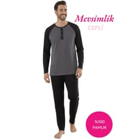 Seamlife Erkek Siyah 3 Düğmeli %100 Pamuk Mevsimlik Uzun Kol Cepli Pijama Takımı (Füme)