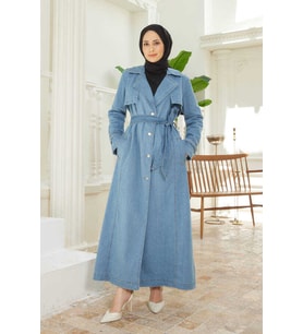 6458-Battal Allerli Denim Trençkot Mavi