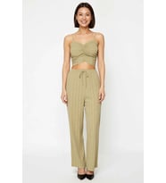 Kadın Büyük Beden İnce Askılı Kalp Yaka Büzgülü Crop Top Uzun Pantolon Plaj Takımı Günlük Rahat