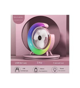 Masaüstü Vantilatör Usb Şarjlı Rgb Led Işıklı 3 Kademeli 180° Ayarlanabilir Soğutucu Fan Pembe