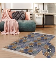 Kilim Desenli Etnik Dijital Baskı Yıkanabilir Kaymaz Taban Modern Salon Halı ve Yolluk (Mavi)
