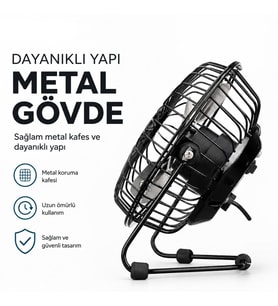 USB ŞARJLI - METAL GÖVDE 14.5X7.5X15CM MİNİ MASAÜSTÜ FAN - VANTİLATÖR EFN-482 (5343)