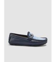 %100 Hakiki Deri Lacivert Örgü Detaylı Erkek Loafer
