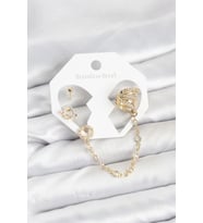 Uzay Model Pirinç Gold Renk Zincir Bağlantılı Ear Cuff Küpe Seti 5886
