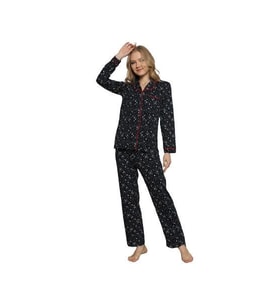 Kadın Yıldız Gömlek Yaka Önden Düğme Uzun Kol Mevsimlik Pamuk Pijama Takımı (Lacivert)