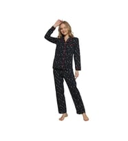 Kadın Yıldız Gömlek Yaka Önden Düğme Uzun Kol Mevsimlik Pamuk Pijama Takımı (Lacivert)