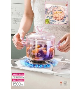 Pembe Kalp Figürlü Cam Tencere, 1500 ml, Isıya Dayanıklı, Borosilikat