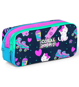 Coral High Lacivert Pembe Kedili İki Bölmeli Kalem Çantası - Kız Çocuk
