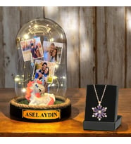 Kişiye Özel İsimli ve 3 Fotoğraflı Unicorn Biblolu Fanus & Lotus Kolye  Led Işıklı Tasarım