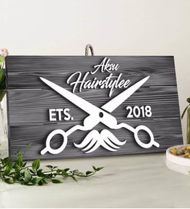 BK Gift Kişiye Özel Hairstyle Tasarımlı Gri Dekoratif Ahşap Tabela