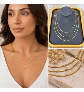 Premium Parlak ve Şık Gold Renk Üçlü Yılan Model Zincir Kadın Çelik Kolye (45cm)