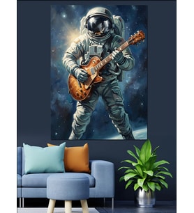 Uzayda Gitar Çalan Astronot Tablosu Dekoratif Kanvas - Mdf Ahşap Tablo
