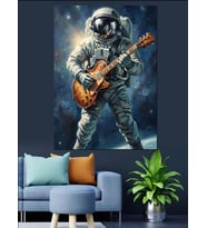 Uzayda Gitar Çalan Astronot Tablosu Dekoratif Kanvas - Mdf Ahşap Tablo