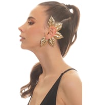 Kadın Altın Renk Lak Kaplama Zirkon Taşlı Dokulu Yaprak Stilizesi Sol Kulak Earcuff&Kıkırdak Küpe