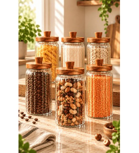 Atbyhome 6'lı Akasya Ahşap Kapaklı Çizgili Cam Kavanoz Seti 950 ml - Vakumlu Erzak Bakliyat Kabı
