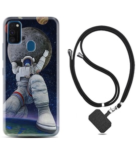 Samsung M21 M22 M23 M30 M31S M32 Kılıf Boyun Askılı Silikon Astronot ve Dünya 1759