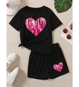 AMOR MAN ÖZEL TASARIM PEMBE KALP BASKILI SOLMAYAN SİYAH PAMUK KADIN T-SHIRT ŞORT TAKIMI