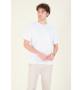 Giyim Dünyası Erkek Sıfır Yaka Oversize  T-Shirt Ekru