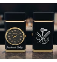 İsme Özel Tarak Makas Logolu Kuaförlere Özel  Turbo Jet Işıklı Saatli Çakmak