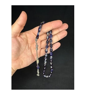 SEVGİLİYE ÖZEL HEDİYE TOZ KEHRİBAR TESBİH LACİVERT-GRİ RENKLİ ARPA KESİM 12MMX8MM H-1642.