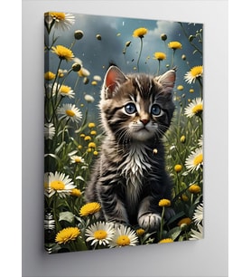 Kanvas Tablo Yavru Kedi Ve Sarı Çiçekler