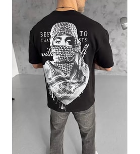Unisex Baskılı Oversize T-Shirt - Siyah