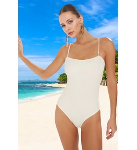 Desenli Straplez Mayo Ergonomik Kesim Swimsuit Deniz Kıyafeti Esnek Kumaş Su Sporu (Ekru)