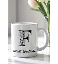Kişiselleştirilebilir F Harfi Tasarımlı 330ml Baskılı Beyaz Seramik Kupa Bardak (Siyah Beyaz Baskili)