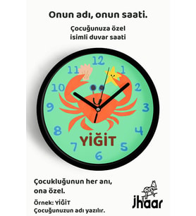 İsme Özel Sevimli Yengeç Çizimli Çocuk Odası Duvar Saati Orta Boy 30 cm Siyah Camlı Sessiz