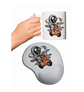 Motorlu Astronot Baskılı Bilek Destekli Mouse Pad + Kupa Bardak Mug