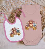 BK Kids Kişiye Özel İsimli Pembe %100 Pamuklu Askılı Sıfır Kol Bebek Body Zıbın ve Mama Önlüğü Hediye Seti-7