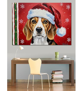 Noel Şapkalı Beagle Köpek Dekoratif Kanvas - Mdf Ahşap Tablo