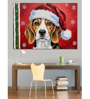 Noel Şapkalı Beagle Köpek Dekoratif Kanvas - Mdf Ahşap Tablo