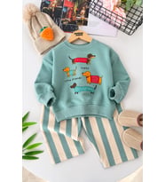 Sevimli Köpek Baskılı Sweatshirt Çizgili Bol Paça Kız Çocuk 2’li Takım - Mint