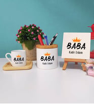 Baba Ahşap Altlıklı Türk Kahvesi Fincanı Kalemlik Dekoratif Taş Baskı Hediye Seti