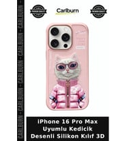 iPhone 16 Pro Max Uyumlu Kedicik Desenli Silikon Kılıf 3D Popüler Aksesuar Motifli Kapak Stil Sahibi