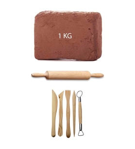 Kahve Çamur Kırmızı Kil Seramik Hamuru 1 kg Ebeşuar Seti Ahşap Merdane Seramik Set