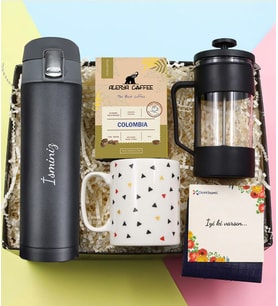 Kişiye Özel 500 ML Kilitli Çelik Termos & Geometrik Detaylı Kupa & Siyah French Press & Alerya Colombia Filtre Kahve Hediye Seti