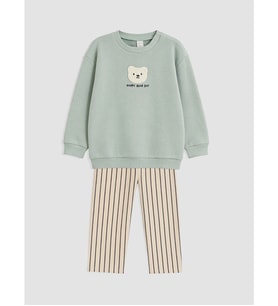 LCW baby Yeşil Erkek Bebek Nakışlı Sweatshirt Ve Çizgili Pantolon