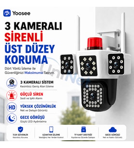 Uninet 6mp Üç Kameralı Wifi Kamera – 3 Ekranlı Görüntü, Ptz Döner Başlık, Siren ve Çift Yönlü Ses 355 Derece Döner
