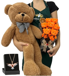 Premium Hediye Seti - Renkli Anka Kuşu Kolyeli, 7'li Ayıcık Buketli ve Kahve Peluş Ayıcıklı Set (Model 1)