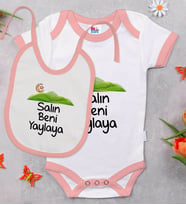BK Kids Salın Beni Yaylaya Tasarımlı Pembe Bebek Body Zıbın ve Mama Önlüğü Hediye Seti-1