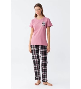 Kadın Somon Ayıcık Baskılı Ekoseli Penye Pijama Takımı