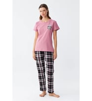 Kadın Somon Ayıcık Baskılı Ekoseli Penye Pijama Takımı