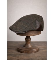Deri Siperli Yün Karışımlı Erkek Flat Cap Kasket  Ayarlanabilir  Klasik & Şık Kış Şapkası (Haki)