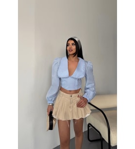CROP POPLİN GÖMLEK YAKA KENAR DANTEL DETAYLI - Bebe Mavi